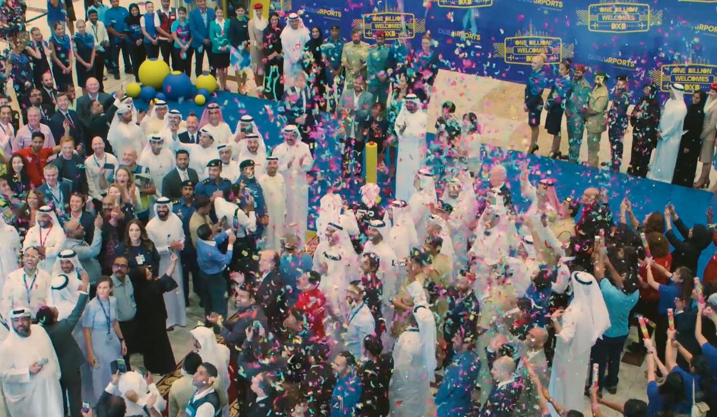 Confetti and celebration in the terminal for Dubai Airports' billionth passenger