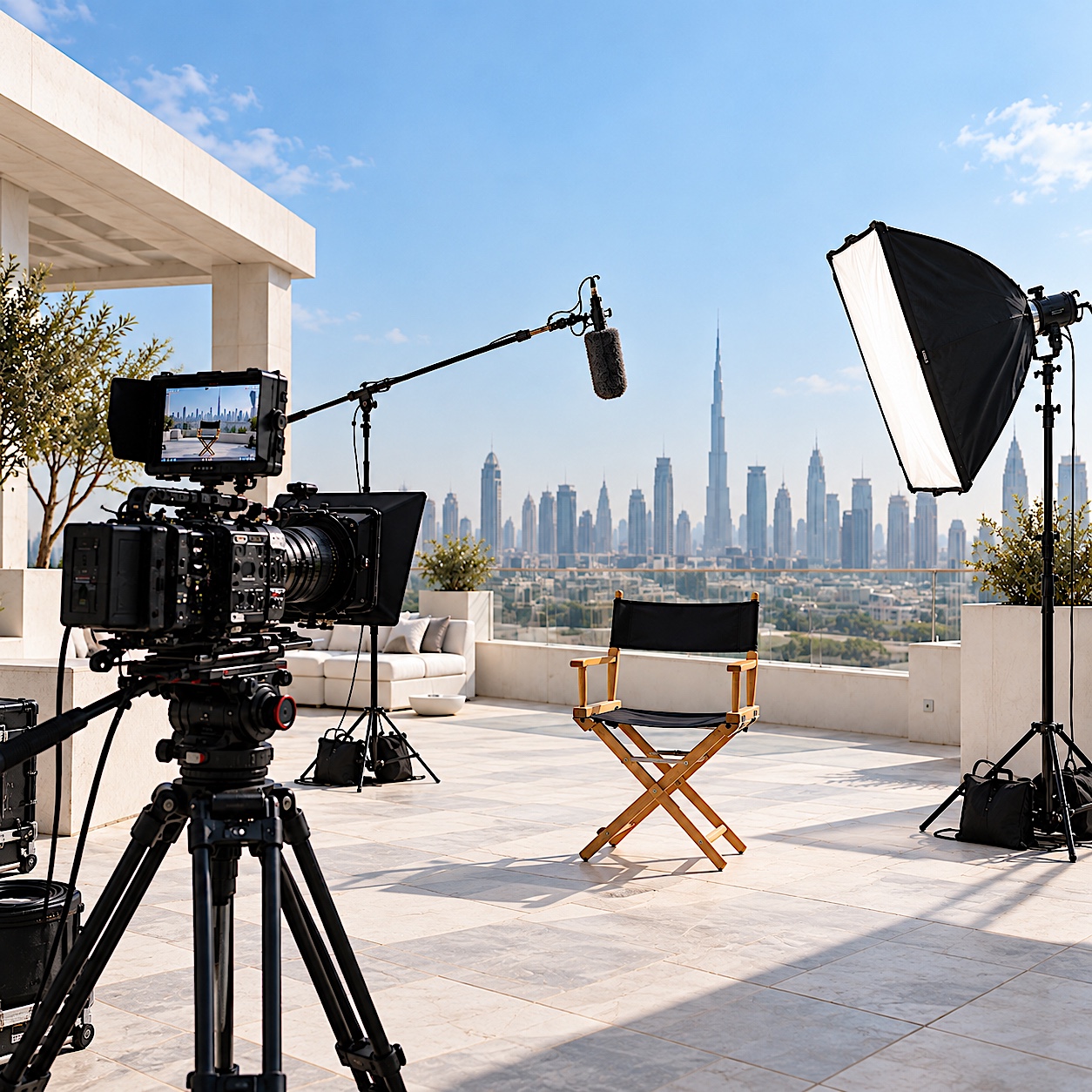 A rooftop interview set facing the Burj Khalifa: camera, boom mic, softbox and an empty director's chair