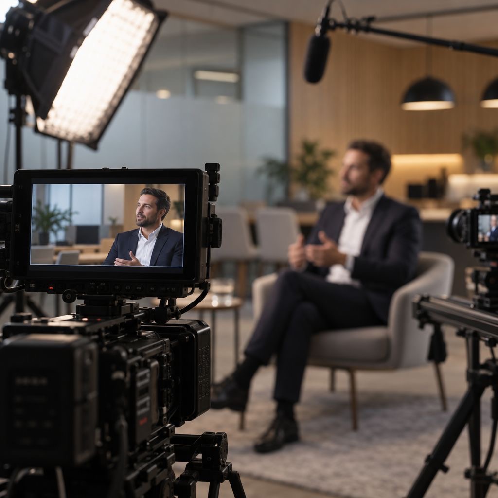 An interview being filmed, the guest framed on the camera monitor in the foreground