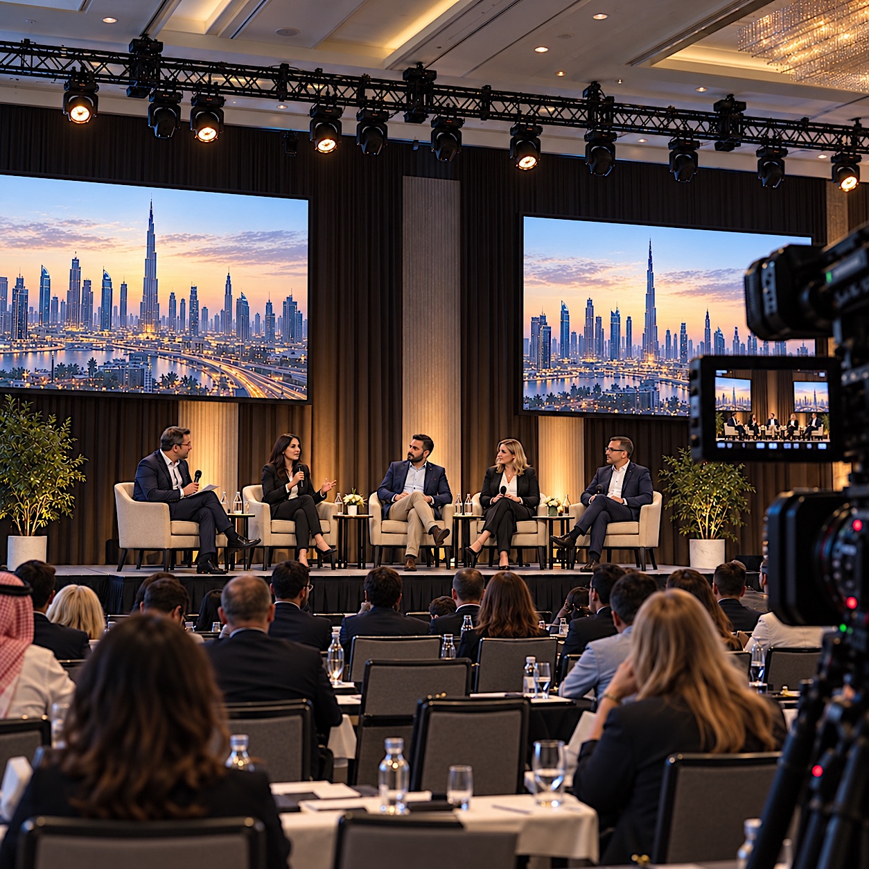 Panel discussion on stage with skyline screens, a remote camera filming from the side