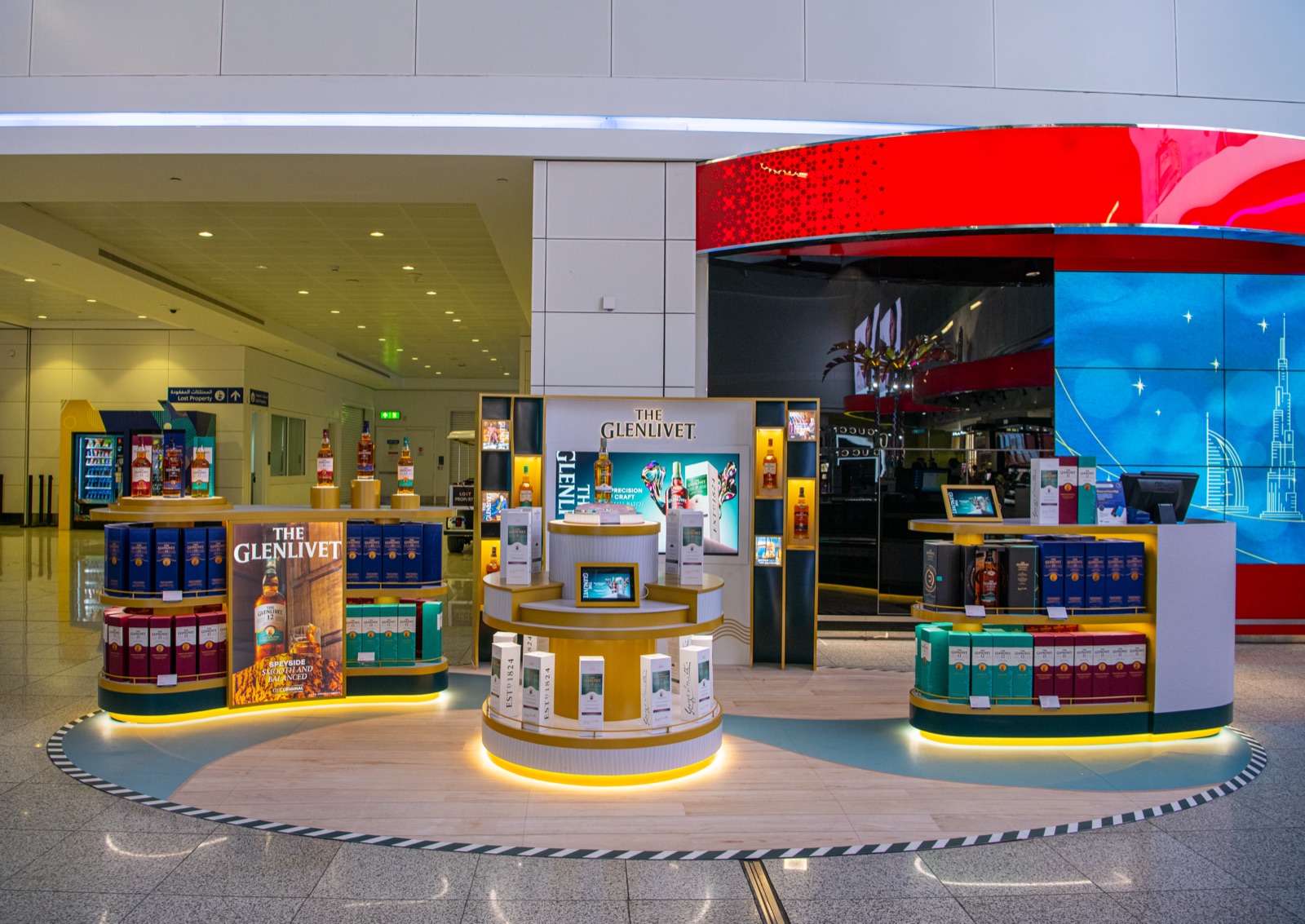 Whisky brand pop-up display in an airport duty-free hall