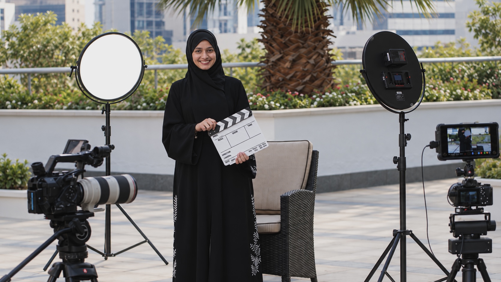 A rooftop interview set: crew member with a clapperboard beside the chair, two lights and two cameras